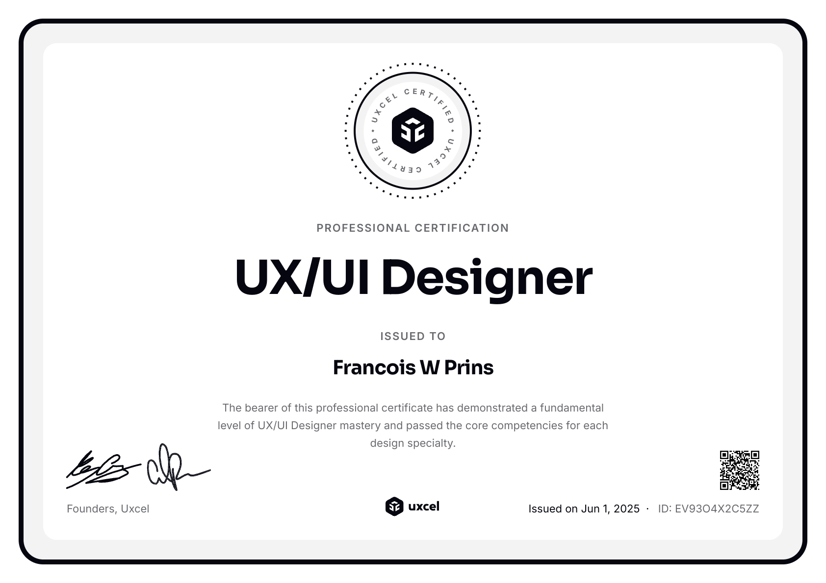 Francois W Prins's certificate